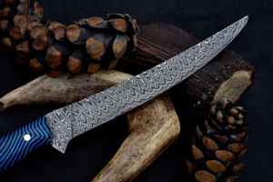 Cuchillo de filete de pescado de acero de Damasco personalizado hecho a mano del fabricante con mango de micarta azul para grado de corte DIY - Product Image 3