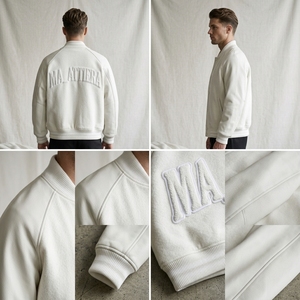 เสื้อแจ็คเก็ต Letterman สีขาวสำหรับผู้ชาย ตัวเสื้อผ้าฟลีซ แขนหนัง ทรงบอมเบอร์ ปักลายตามสั่ง รับผลิตแบบ OEM ODM - Product Image 5