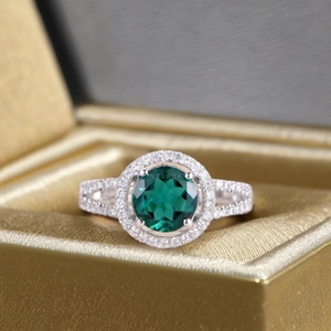 7 mm Round Cut Lab-Grown Emerald Ring Green Emerald 925 Sterling Silver Ring Split Shank Band Art Deco Ring From India - Product Image 1