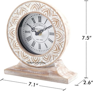 Distressed White Hand Carved <b>Wooden</b> Clock for Table and <b>Desk</b>, Vintage Rustic Style Handcrafted Decorative Office and Home Clock - Product Image 4