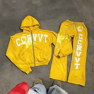 Conjunto de Sudadera con capucha y cremallera lavada vintage con estampado de logotipo personalizado Parche con logotipo bordado de chándal de dos piezas para estilo informal de otoño - Product Image 2