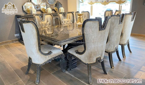 Ensemble de table à manger de style baroque turc de luxe Ensemble de table à manger haut de gamme fait à la main Finition dorée Design italien Ensemble de table à manger en teck fait à la main - Product Image 3