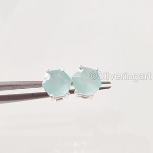 Boucles d'oreilles clous pour femmes, chalcédoine aqua naturelle, mariage, Noël, Saint-Valentin, bijoux faits à la main, boucles d'oreilles clous en argent sterling 925 - Product Image 2