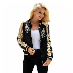 Veste universitaire pour femme noire et or avec broderie florale, manches longues, fermeture éclair, col rabattu, mode automne - Product Image 1
