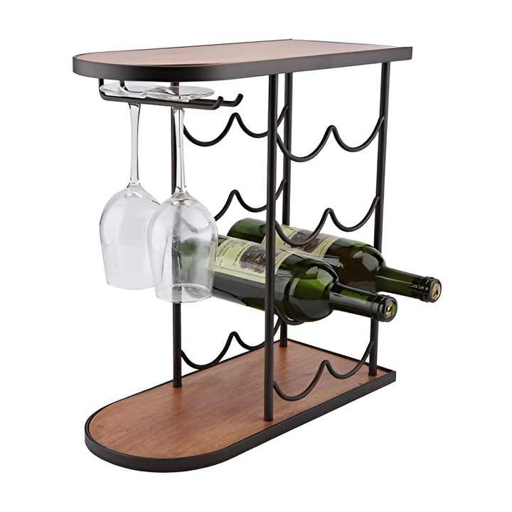 Elegant Design Bottle Shape Wine Holder Black Powder Coated Bar Counter Bottle Stand Metal and Wooden Wine Rack