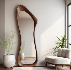 Miroir asymétrique pleine longueur Art Déco en noyer véritable fait main, décoration moderne, prix abordable - Product Image 5