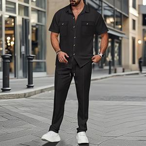 Ensemble Homme Décontracté d'Été à Rayures avec Poche, Haut à Manches Courtes, Pantalon Long à Cordon, Confortable, Respirant, 100% Coton - Product Image 6