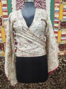 Top corto indio modesto de verano para mujer, manga raglán de seda crepé, mangas acampanadas, camisa/blusa de longitud corta, estampado Floral transpirable - Product Image 3