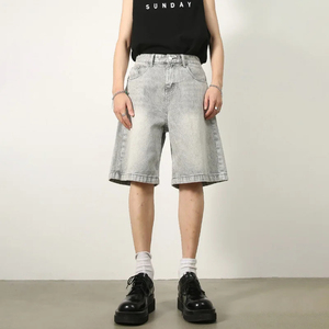 Shorts en jean premium pour homme, Bermuda en jean délavé taille haute pour homme, couleur unie, style décontracté, en toile de coton avec braguette boutonnée - Product Image 1