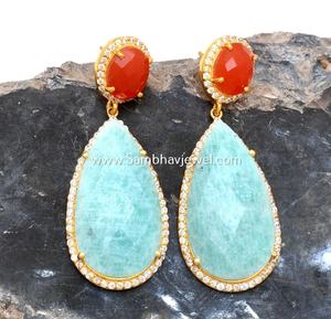 Boucles d'oreilles en argent sterling 925 pour femmes de luxe de haute qualité Designer plaqué or délicat pierre précieuse d'amazonite bleue naturelle - Product Image 2