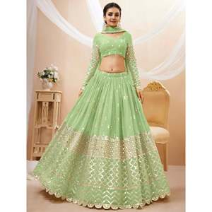 Lehenga Choli de Georgette con Lentejuelas Verdes Pista, Impresionante Vestido de Recepción Largo Hasta el Suelo, Estilo Vestido de Baile con Capas de Perlas, Talla XS - Product Image 3