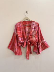 Bell Sleeve Crepe Silk Women Crop Top <b>Tie</b> Dye <b>Wrap</b> Top Vintage Women Blouse - Product Image 5