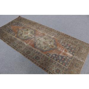 Turkish Vintage Patchwork Area Rug 3.7x8.2 ft <b>Brown</b> <b>Wool</b> Eco-Friendly Latex Backed Rug - Product Image 4