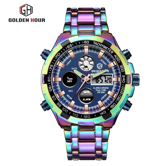 GOLDENHOUR GH108 Super Cool Guangzhou Watch Factory Quartz Japan Movement Alarm 3 Atm Gold Wrist Watch for African