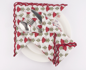 Pomme et Cerise Rouge Vert Olive Indien Belle Floral Main Bloc Imprimé Pur Coton Tissu Broderie Serviettes - Product Image 1