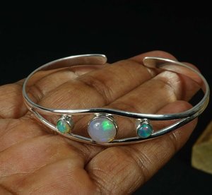 925 argent Sterling naturel excellente qualité opale éthiopienne pierre précieuse concepteur fait à la main bracelet réglable pour les femmes personnalisé - Product Image 4