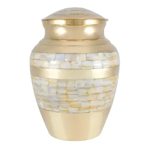 Mother Pearl Gold Finishing Brass Cremation Urn with Lid Home Decorative Funeral Supply Metal Ashes Pot