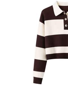 Womens <b>Brown</b> And White Striped Cropped Polo Sweater <b>Long</b> <b>Sleeve</b> Ribbed Hem Button Placket Casual Winter Knit <b>Top</b> Pullover Styles - Product Image 3