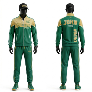 Chándal de entrenamiento de tenis para hombre, poliéster entrelazado, diseño de paneles verde y dorado, logotipo bordado personalizado, chándal para hombre - Product Image 1