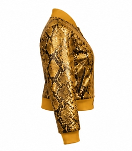 Chaqueta Bomber de Cuero PU con Estampado Animal Dorado para Mujer, Cuello Alto, Cierre de Cremallera, Manga Larga o Corta - Product Image 5