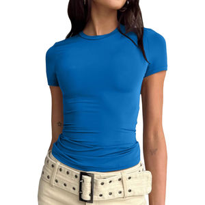 Femmes décontracté coupe ajustée à manches courtes couleur unie coton fibre de bambou haut court Logo personnalisé respirant écologique été rapide - Product Image 1