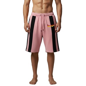 <b>Mens</b> <b>Pink</b> Black Panel <b>Shorts</b> 100 Percent Cotton Fleece 300 GSM Elastic Waist Oversized Fit High Street Style Casual Summer <b>Short</b> - Product Image 1