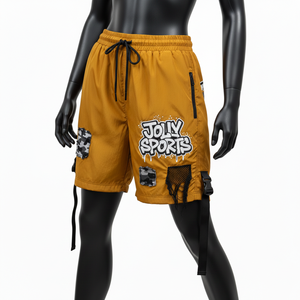 Shorts Premium para Mujer, 220 GSM, Nailon y Spandex, Color Mostaza, Panel de Malla con Parches, Logotipo Personalizado con Serigrafía - Product Image 4