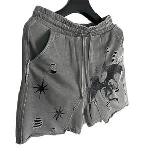 Wholesale Summer <b>Men's</b> <b>Shorts</b> Acid Wash Loose Baggy High Streetwear <b>Quick</b> <b>Dry</b> Vintage Logo Printed Ripped Distressed <b>Shorts</b> - Product Image 4