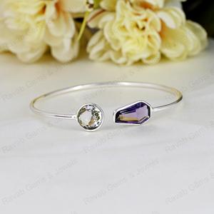 Pulsera ajustable de Plata de Ley 925 para mujer, excelente brazalete fino minimalista chapado en oro, ajuste de bisel de amatista para fiestas - Product Image 1