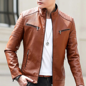 2025 chaquetas informales de cuero de lona marrón para hombre, nueva chaqueta de diseño de manga larga con cremallera y cuello levantado de invierno a la moda para hombre - Product Image 4