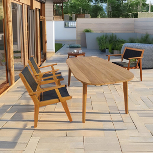 Elegante mesa de comedor de teca moderna con patas cónicas y borde ovalado rectangular para jardín, piscina, juego de muebles de teca para exteriores - Product Image 3