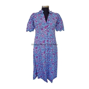 Mujer 100% algodón Midi verano mano bloque Floral/sólido estampado Casual fiesta desgaste boda Vestido dulce estilo Kangura diseño A-Line - Product Image 1