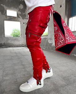 Pantalon Cargo évasé en cuir à imprimé Paisley pour hommes d'été pantalon en PU élastique coupe skinny pantalon en cuir empilé mince Streetwear - Product Image 4