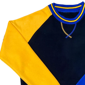 Sweat-shirt unisexe à col rond personnalisé avec logo en chenille imprimé en trois tons noir-jaune-bleu, détail côtelé OEM - Product Image 3