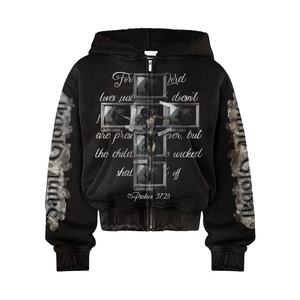 Sweat à capuche brodé sur mesure 100% coton polaire pour hommes en détresse délavé à l'acide avec patch en strass vêtements d'hiver - Product Image 2