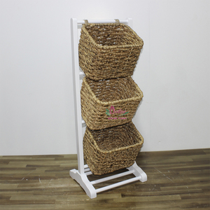 Handmade <b>Wooden</b> Tier <b>Rack</b> with Water Hyacinth Baskets Vintage Kitchen and Bathroom Organizer for Laundry and <b>Storage</b> - Product Image 2