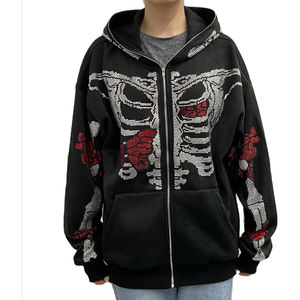 Sudadera con capucha de invierno para hombre con cremallera completa, diseño de logotipo personalizado con pedrería, 100% algodón polar, oversize, de gran gramaje - Product Image 3