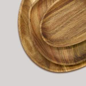 Assiettes à dîner en bois d'acacia Ensembles de 5 plateaux en bois Nettoyage facile et léger pour les collations Desserts Salades de fruits Ovale incassable - Product Image 3
