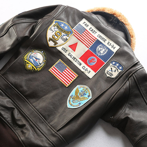 Traje de vuelo de cuero multiestándar personalizado para hombres y mujeres, parejas, Top Gun, cuello de piel de cordero, chaqueta de piel de vaca acolchada informal - Product Image 5