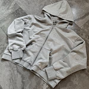 Personalizado de los hombres 480gsm de peso pesado Zip-Up Rhinestone Sudadera con capucha Streetwear Boxy Fit recortado diamante ácido lavado Sun Faded 100% algodón - Product Image 4