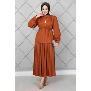 Hombros Botón Detalle Hijab 2 Piezas Set Tan - Product Image 1