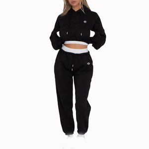 Ensemble de survêtement pour femme avec sweat à capuche court et pantalon de jogging en molleton doux, coupe décontractée, streetwear, deux pièces, export - Product Image 1