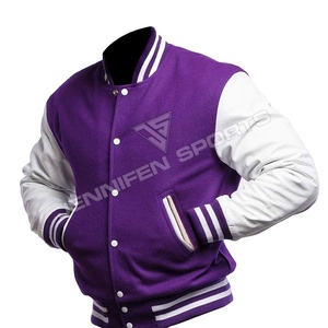 Veste d'université simple et personnalisée en gros, laine de coquillage, manches en cuir, fermeture à bouton-pression, doublure matelassée à l'intérieur - Product Image 1