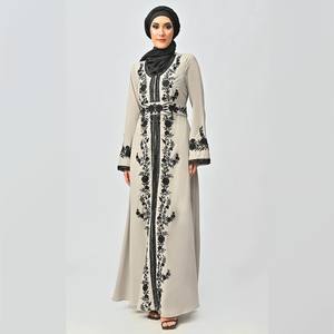 Abaya de style mexicain en satin avec taille naturelle, sequins et travail de zari, avec ceinture hijab et poches - Product Image 1