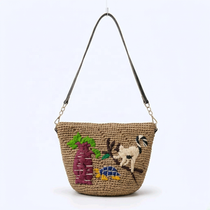 Woven <b>Raffia</b> Fashion Shoulder <b>Bag</b> with Zip Closure Embroidered Beach Tote Purse for Women Summer Travel Shopping - Product Image 1