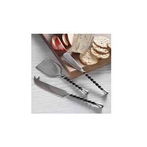 Unique Silver Plated Blade Stainless Steel Silver Round Metal <b>Twisted</b> Design Handle Cheese <b>Knife</b> Slicer & Spreader Fork Set - Product Image 1