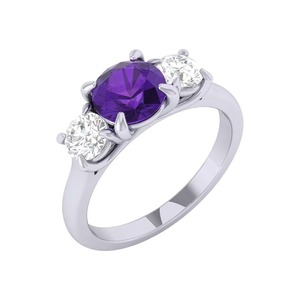 Amethyst Trilogy Ring Round Lab Grown Diamond Purple Amethyst 1.50 Ct F-SI2 14K Solid Gold Trilogy Setting <b>Peaceful</b> Jewelry - Product Image 1