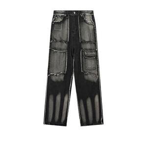 Pakistan fait 100% coton hommes droit Jean pantalon haute rue broderie Patch respirant ample Baggy rue taille élastique - Product Image 2