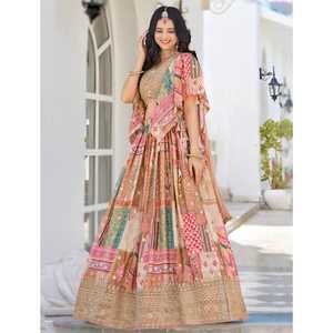 Conjunto de blusa Lehenga Choli de seda de gasa bordada multicolor Beige Dupatta-Tela de gasa Beige suave Ropa de fiesta moderna - Product Image 1
