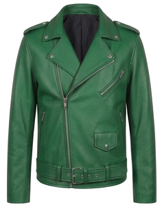 <b>Men's</b> Classic Real <b>Leather</b> Biker <b>Jacket</b> Genuine Cowhide Slim Fit Motorcycle Outerwear Asymmetric Zip Belted Coat Green Color - Product Image 1